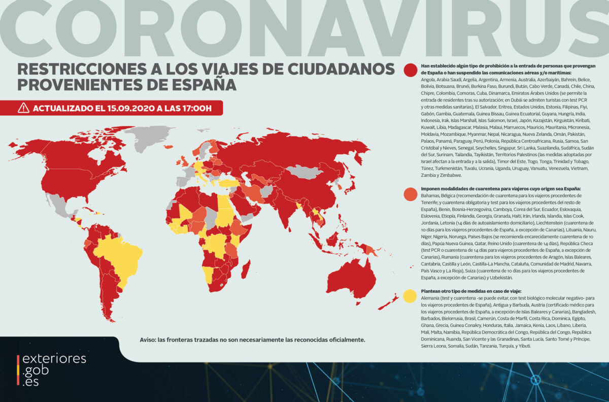 Mapa mundi con las restricciones a los viajes de ciudadanos provenientes de España